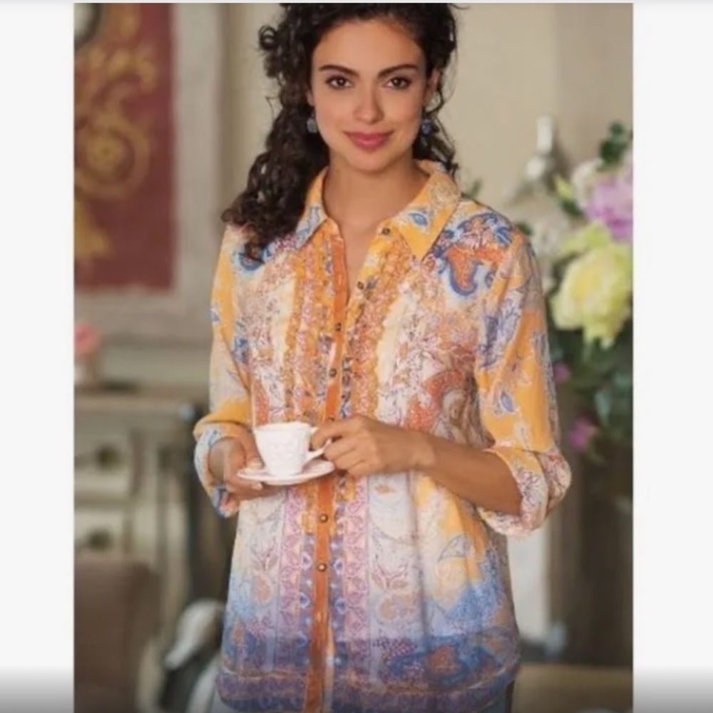 Soft surroundings button down shirt with velvet trim